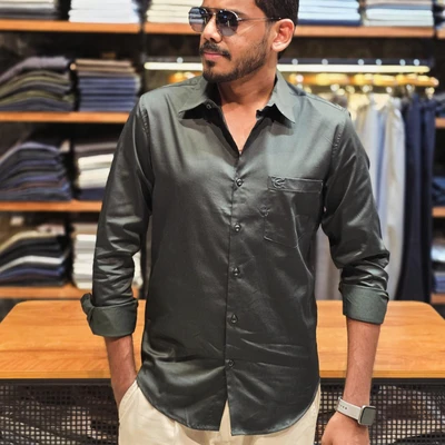 Cotton Satin Shirt - Olive Green